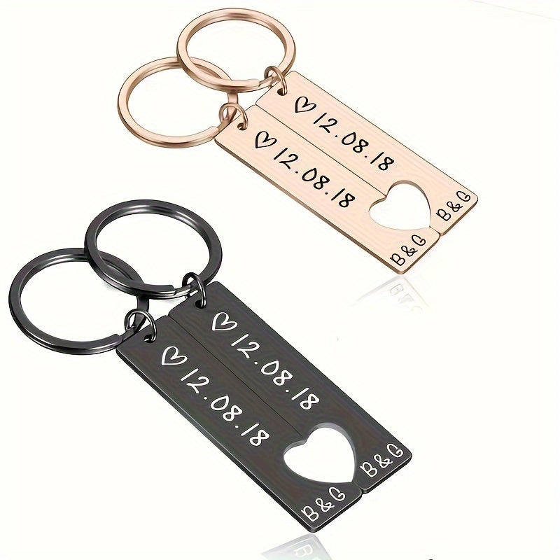 Personalized Stainless Steel Couple Keychains with Date for Anniversary or Birthday