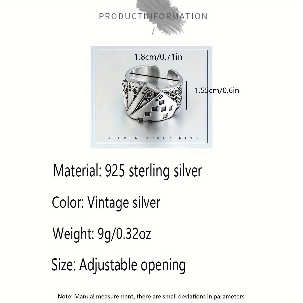 Vintage Hip-Hop uslubi uniseks 925 sterling kumush poker halqasi, ochiq tasma, 9g, kundalik kiyim va partiyalar uchun ideal, ayollar uchun moda zargarlik aksessuari