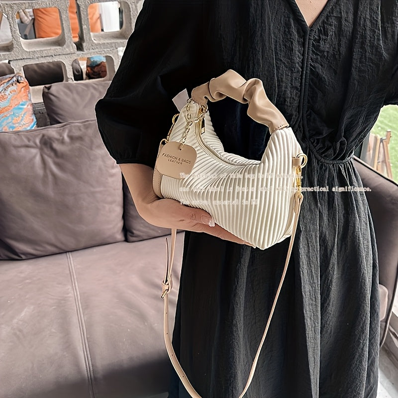 Elegant Pleated Handbag for Evening Events in White and Black PU Material