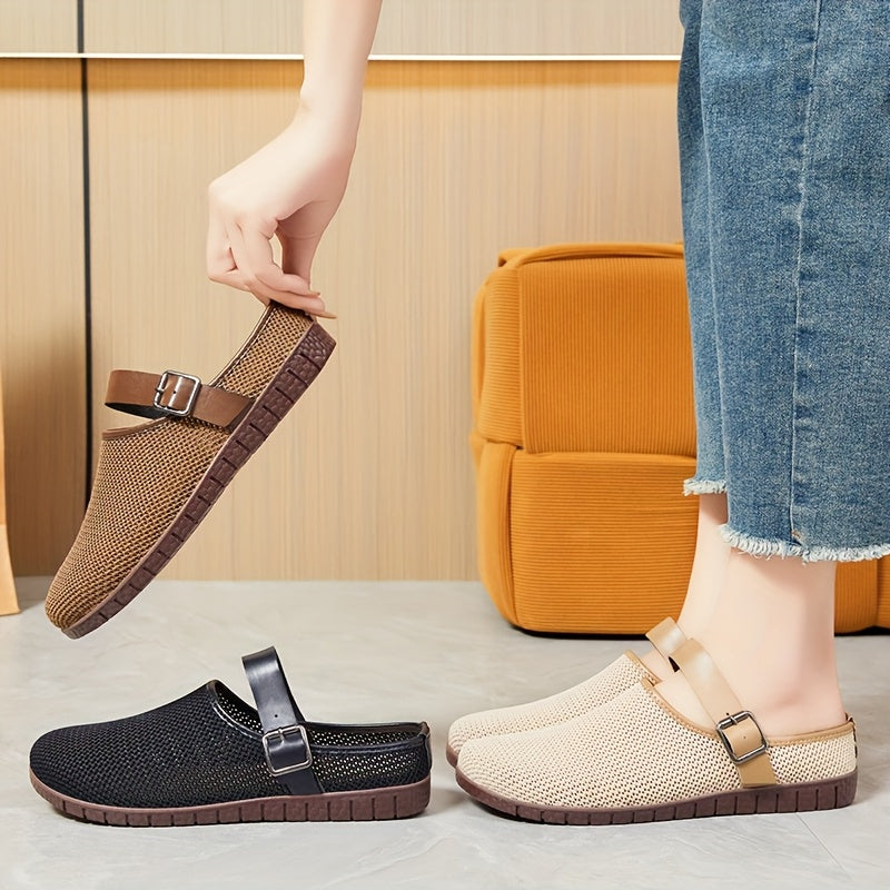 Women's Slip-On Loafers Knit Upper Soft TPR Sole Fashionable Buckle Black Beige