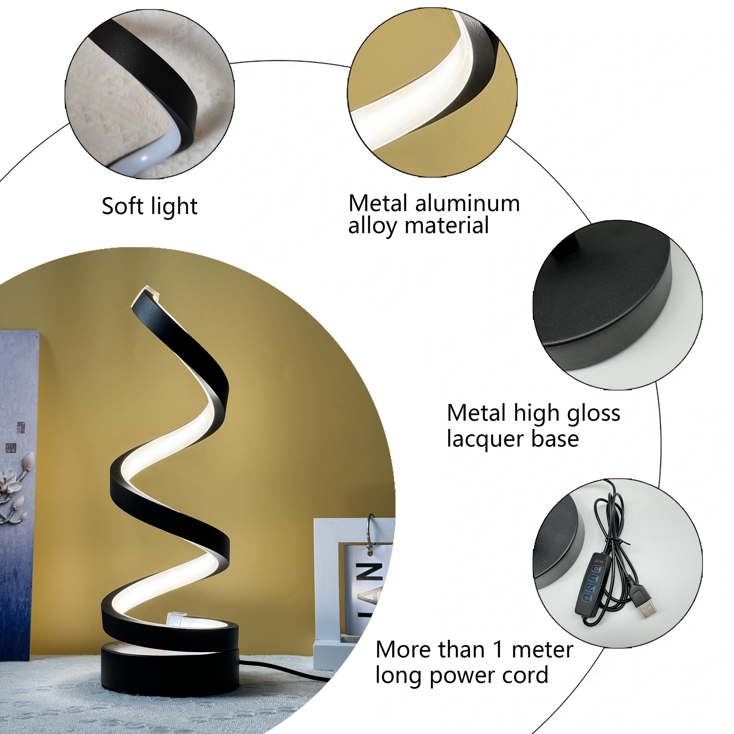 Lámpara de mesa de espiral metálica con LED regulable para noche, ideal para oficina y dormitorio, en negro y blanco