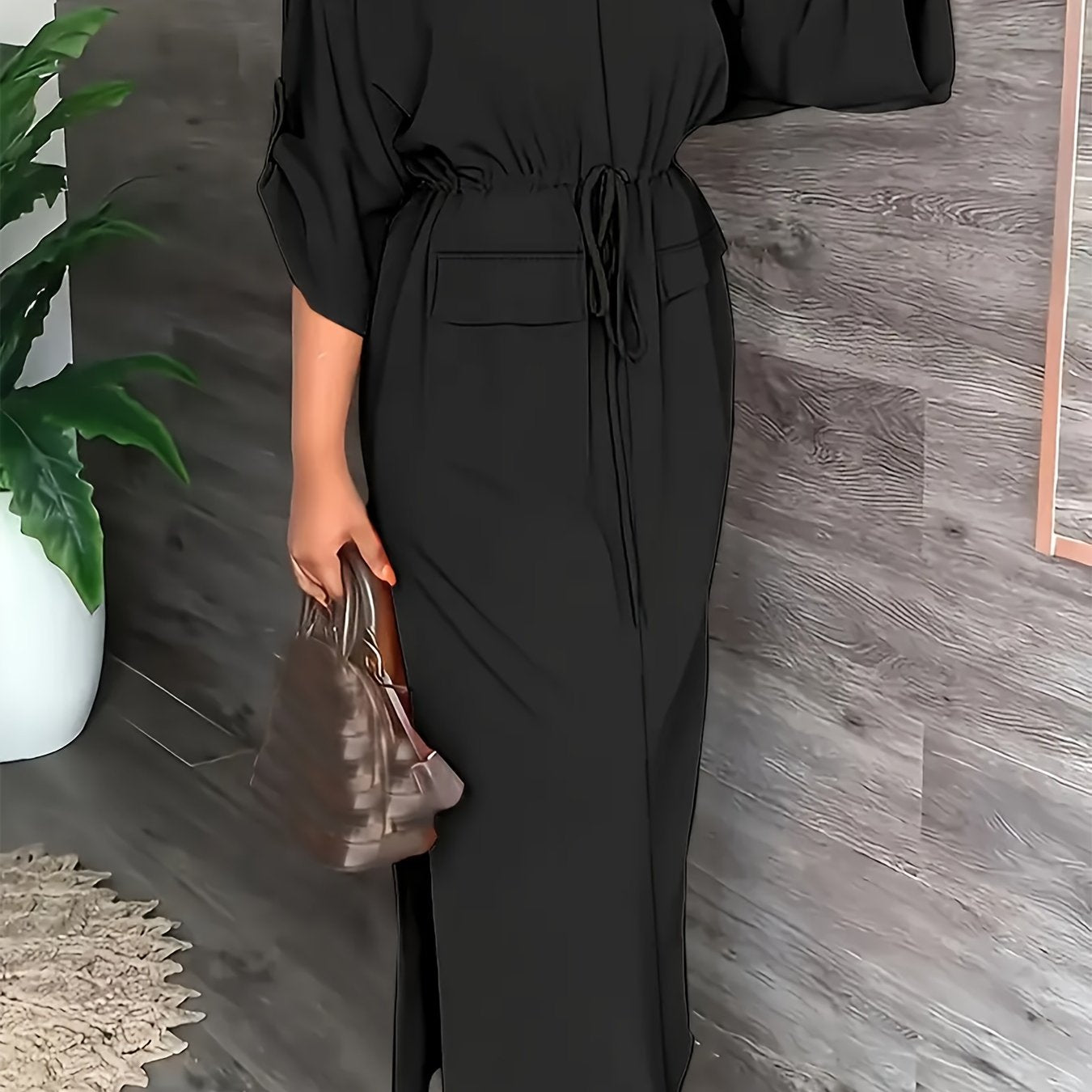 Vestido dividido de poliéster para mujer con cuello redondo, color sólido, elegante túnica