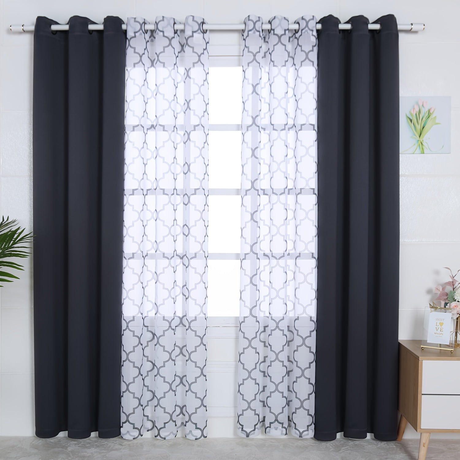 Blackout Curtains and Sheer Panels Set with Snowflake Pattern Indoor Window Decor