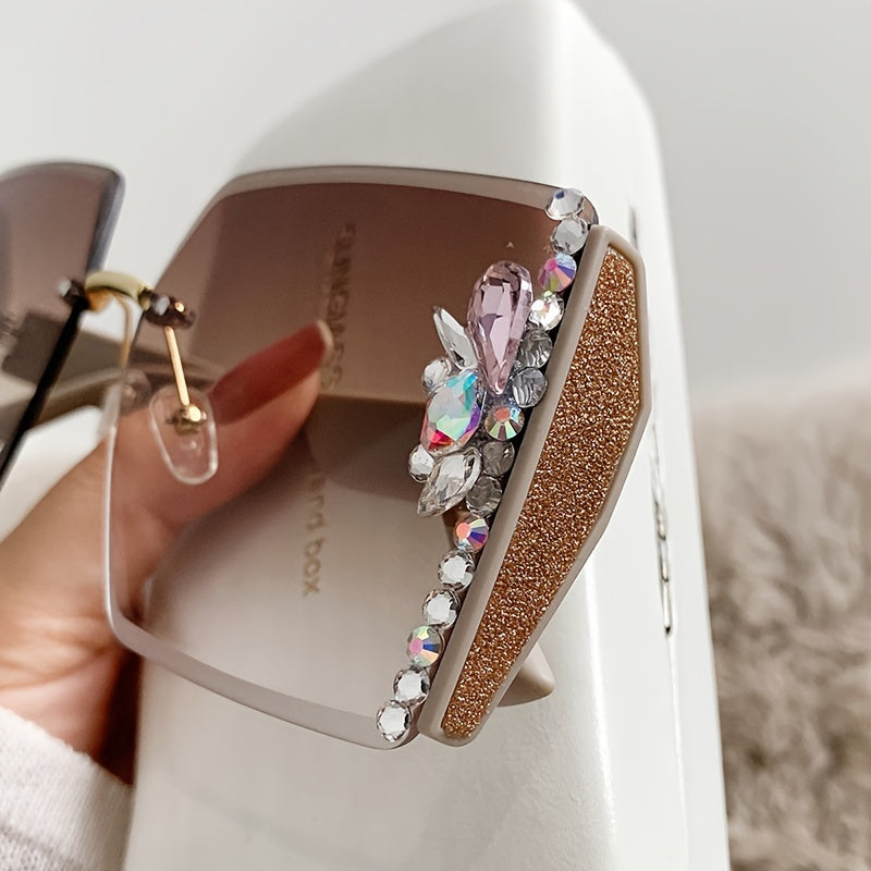 Women's Rimless Fashion Glasses with Gradient Lenses and Diamond Accents