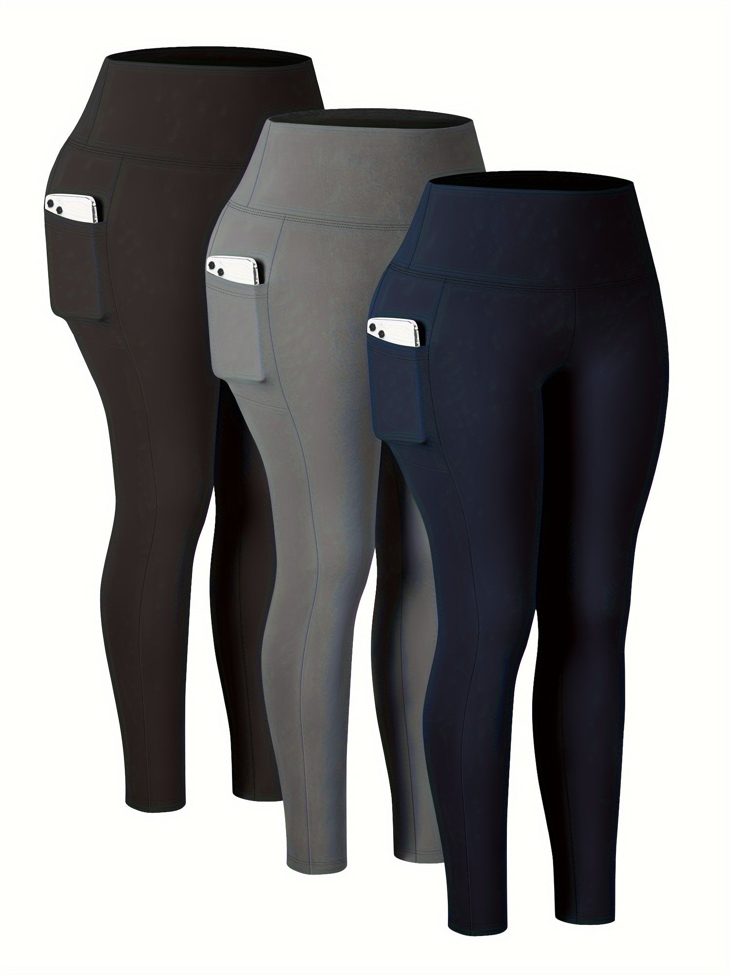 Pack de leggings de cintura alta 7/8 para mujer con bolsillos, negro, gris, azul marino