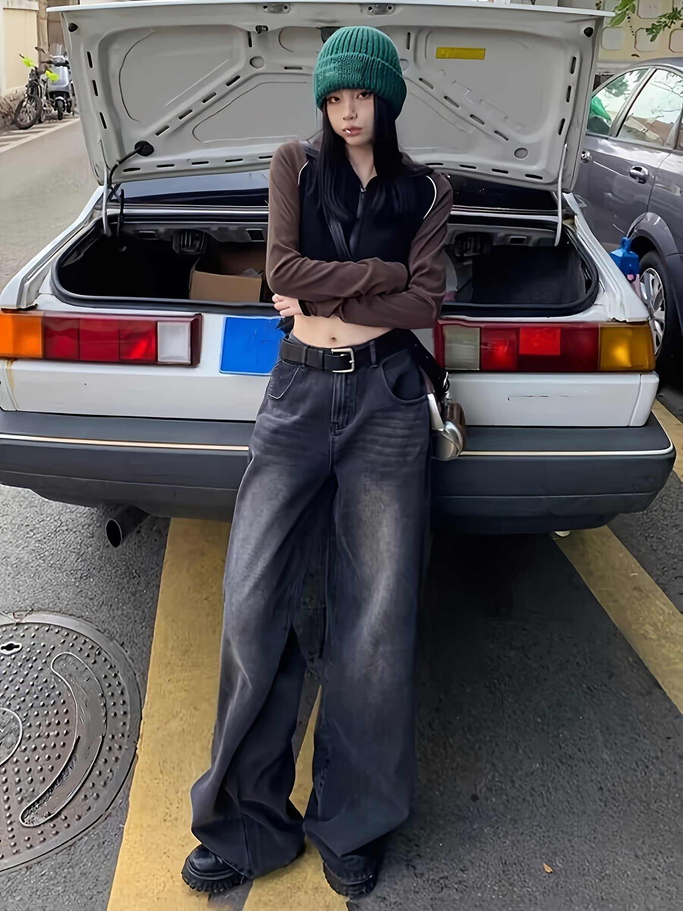 Ayollar uchun katta o'lchamli vintage yuqori bel keng bo'yinli keng yengli jinsilar, kundalik, buzilgan denim
