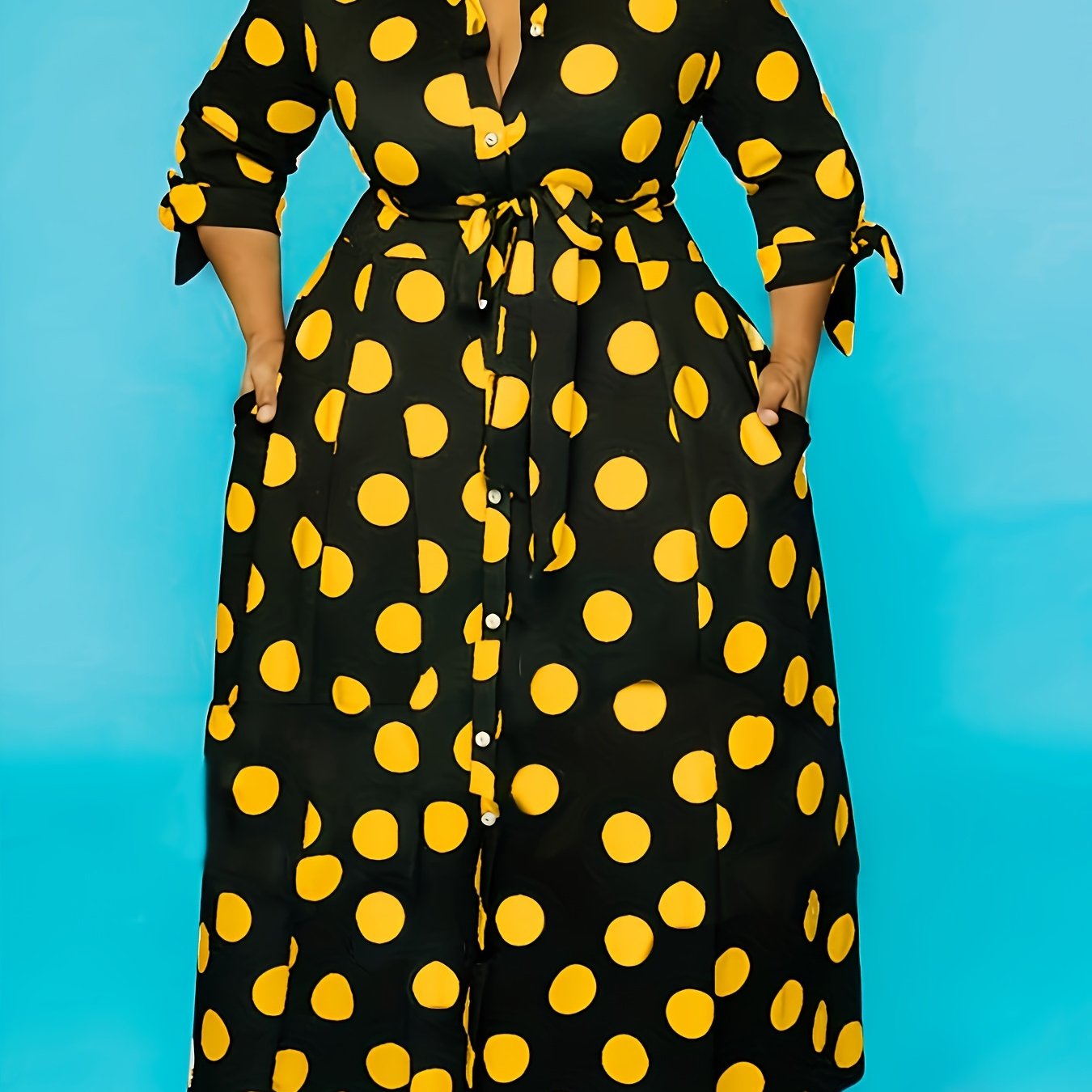 Plus Size Women's Polka Dot Maxi Dress with Collared Button Front and Belt
