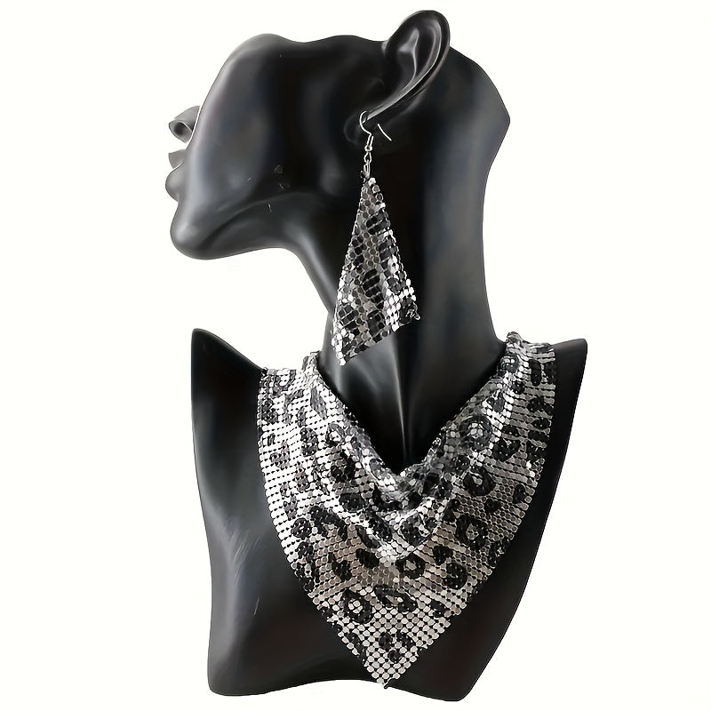 Retro Triangle Scarf with Sequins and False Collar Leopard Print Statement Necklace and Earrings for Women