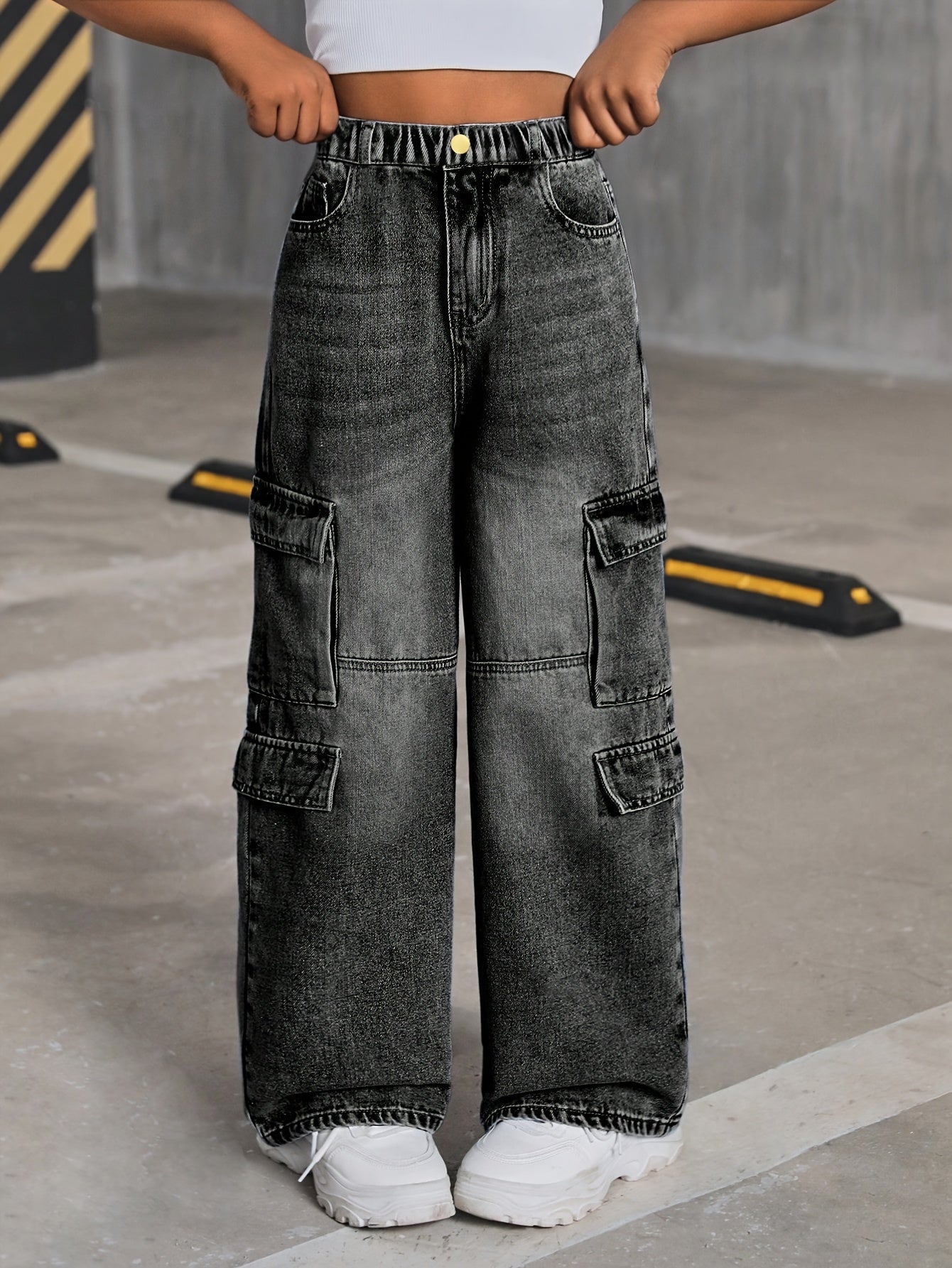 Teen Cargo Denim Pants Long Length Ash Gray Loose Fit Elastic Waist Casual Streetwear for Ages 8-15