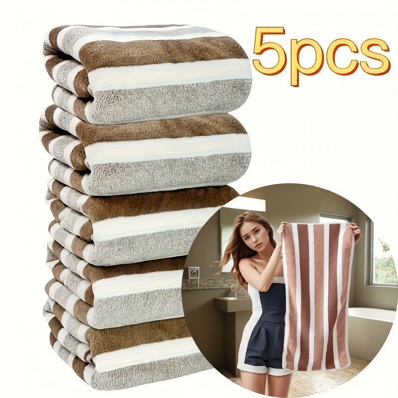 Soft Coral Fleece Towel Set 5 Pieces Quick-Dry Striped Polyester 280gsm
