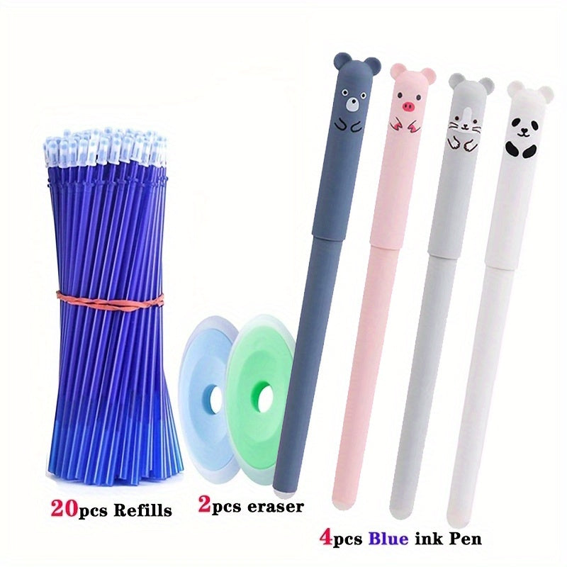 26 ta hayvon panda o'chiriladigan gel qalamlar to'plami, yuviladigan tutqich bilan, 4 ta qalam, 20 ta to'ldirish va 2 ta o'chirgichni o'z ichiga oladi. Maktab yoki ofisda foydalanish uchun mukammal.