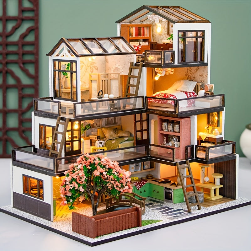 Kit de casa de muñecas en miniatura con luces LED y muebles para adolescentes y adultos