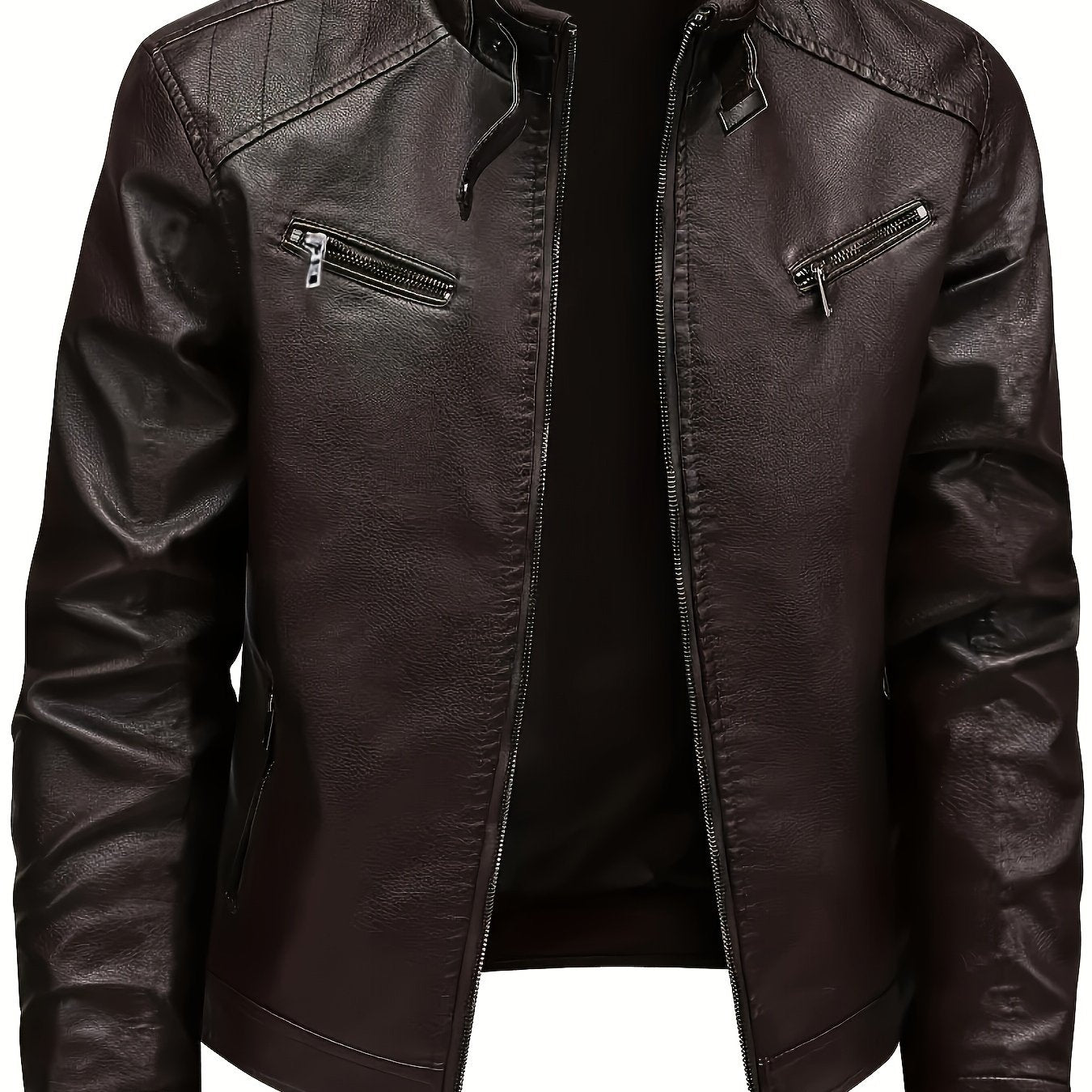 Men's PU Motorcycle Coat for Spring and Autumn with Zipper Stand Collar and Pockets