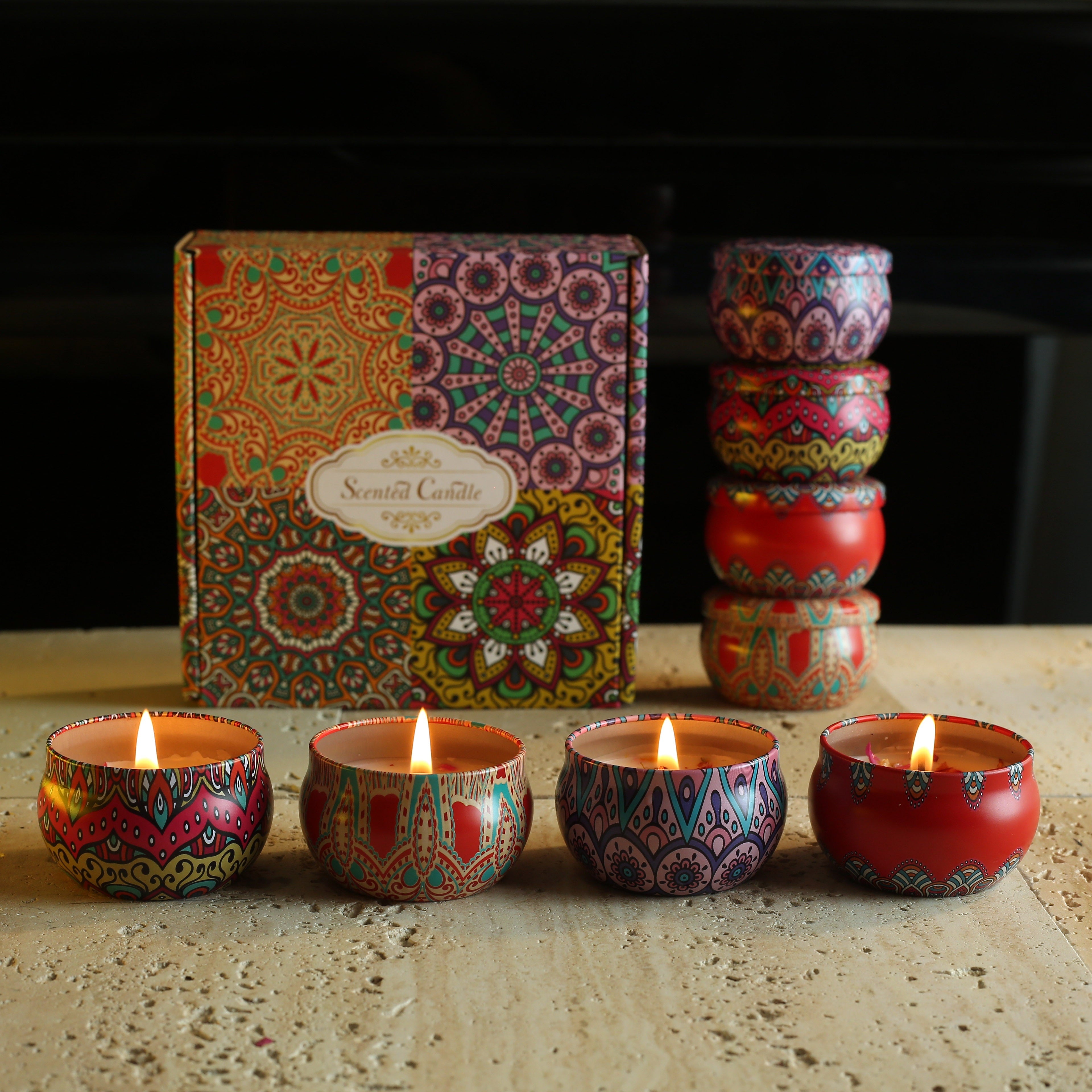 Set de regalo de vela aromática Mandala Bohemia con flores secas, aroma a especias, cera de soja