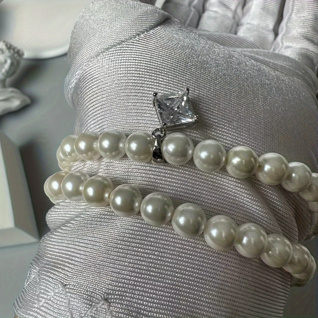 Princess Cut Pendant Necklace with Natural Pearl Beads and Moissanite in Sterling Silver and Gold Plating