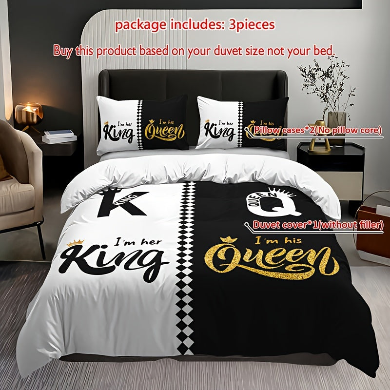 Black and Grey Duvet Cover Set with Crown Lettering Design Includes 1 Duvet Cover and 2 Pillowcases