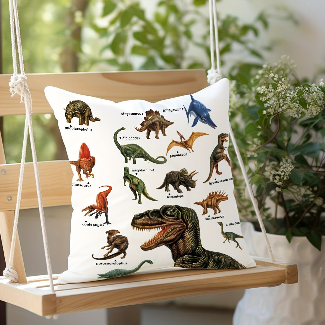 45x45cm Dinosaur Educational Illustration Pillowcase Made from Peach Skin Velvet for Sofa Bed Car Decor