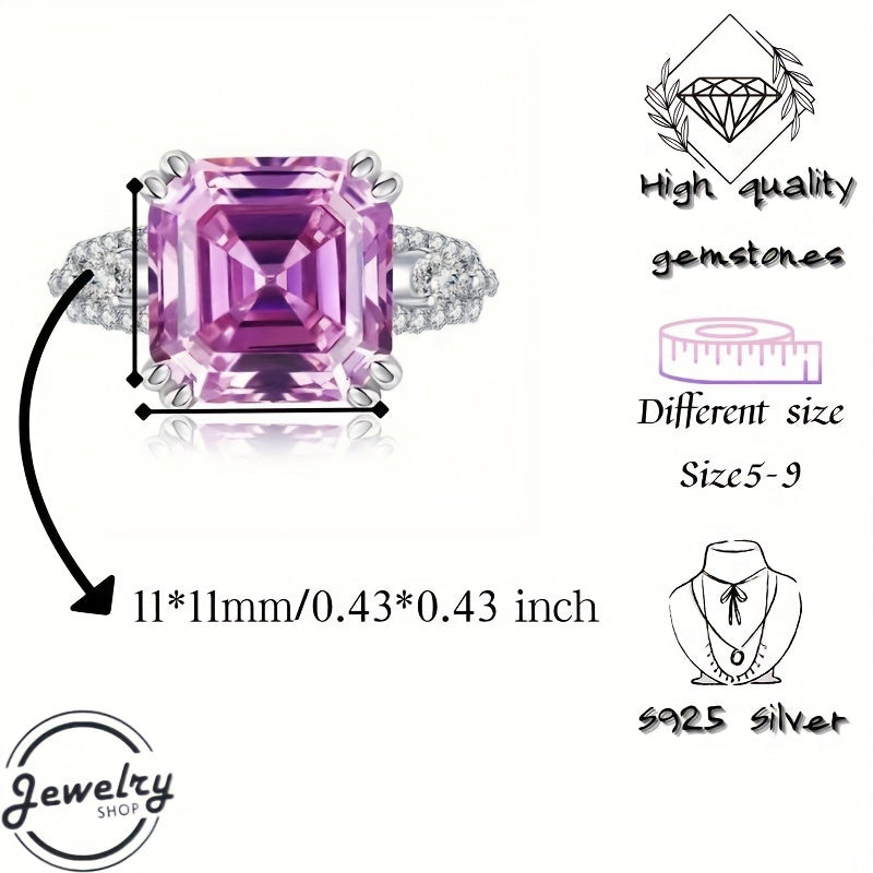 Sterling Silver Ring with Pink Cherry Blossom Synthetic Diamond 11x11mm for Parties