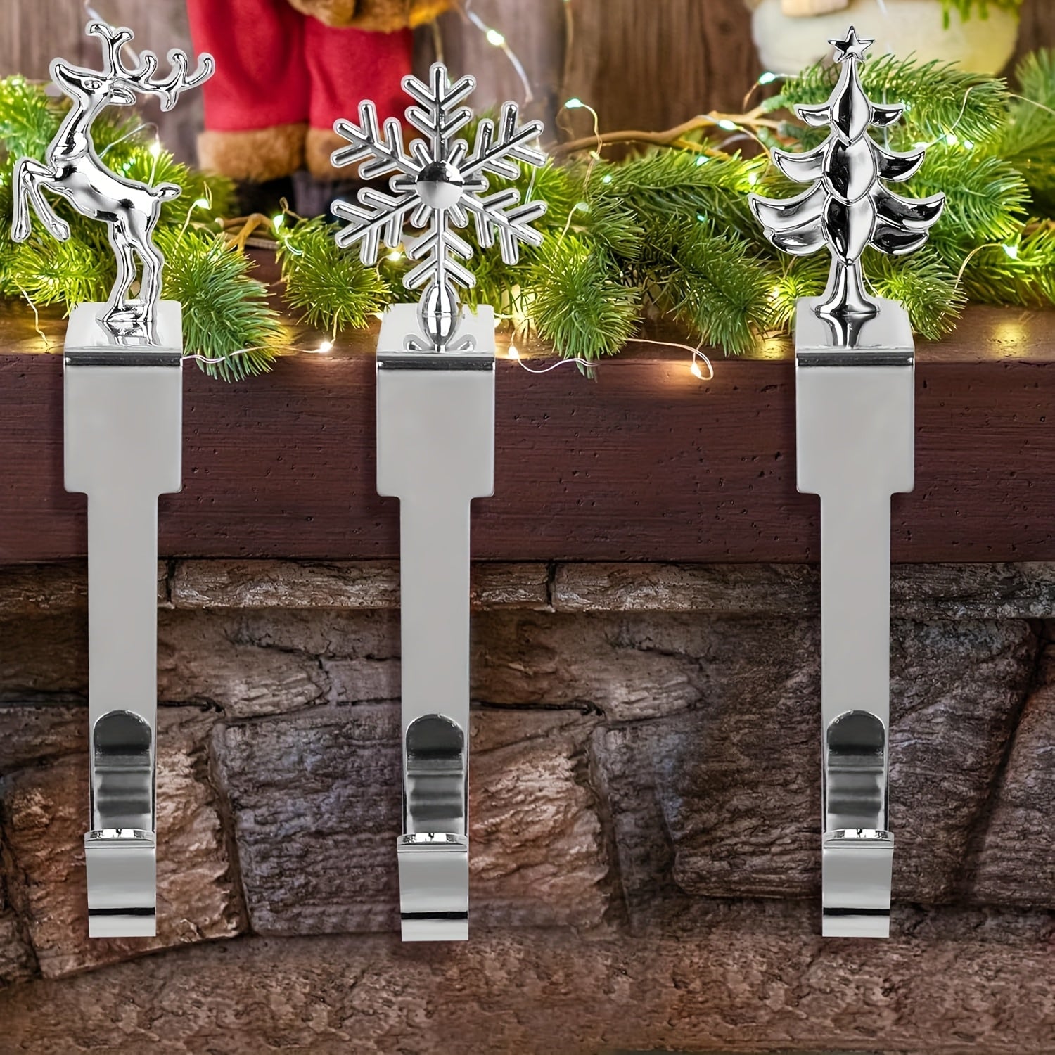 Set of 4 Metal Christmas Stocking Holders with Snowman Reindeer Tree Designs