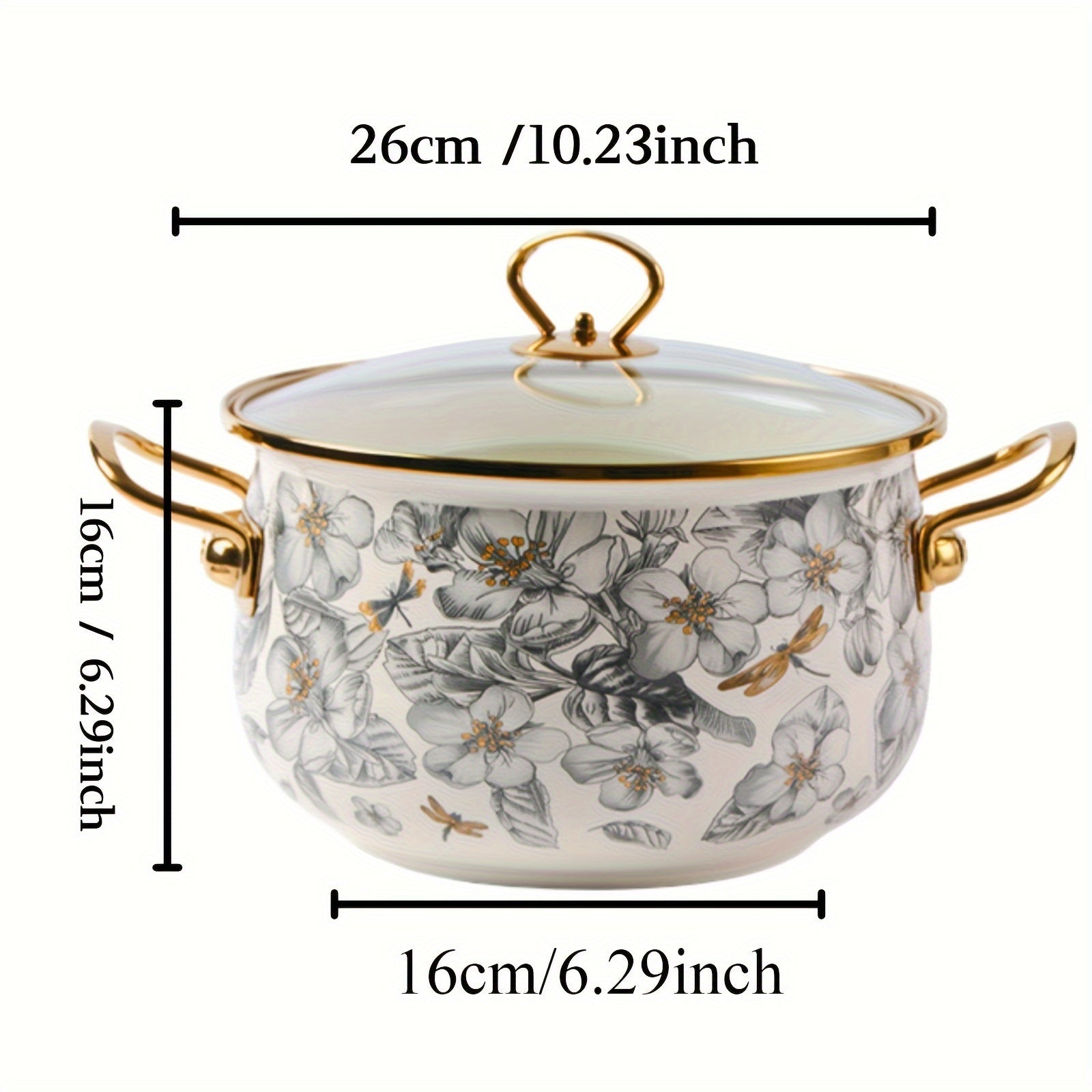 Enamel Soup Pot with Golden Trim, Dragonfly and Floral Design, 3 Quart