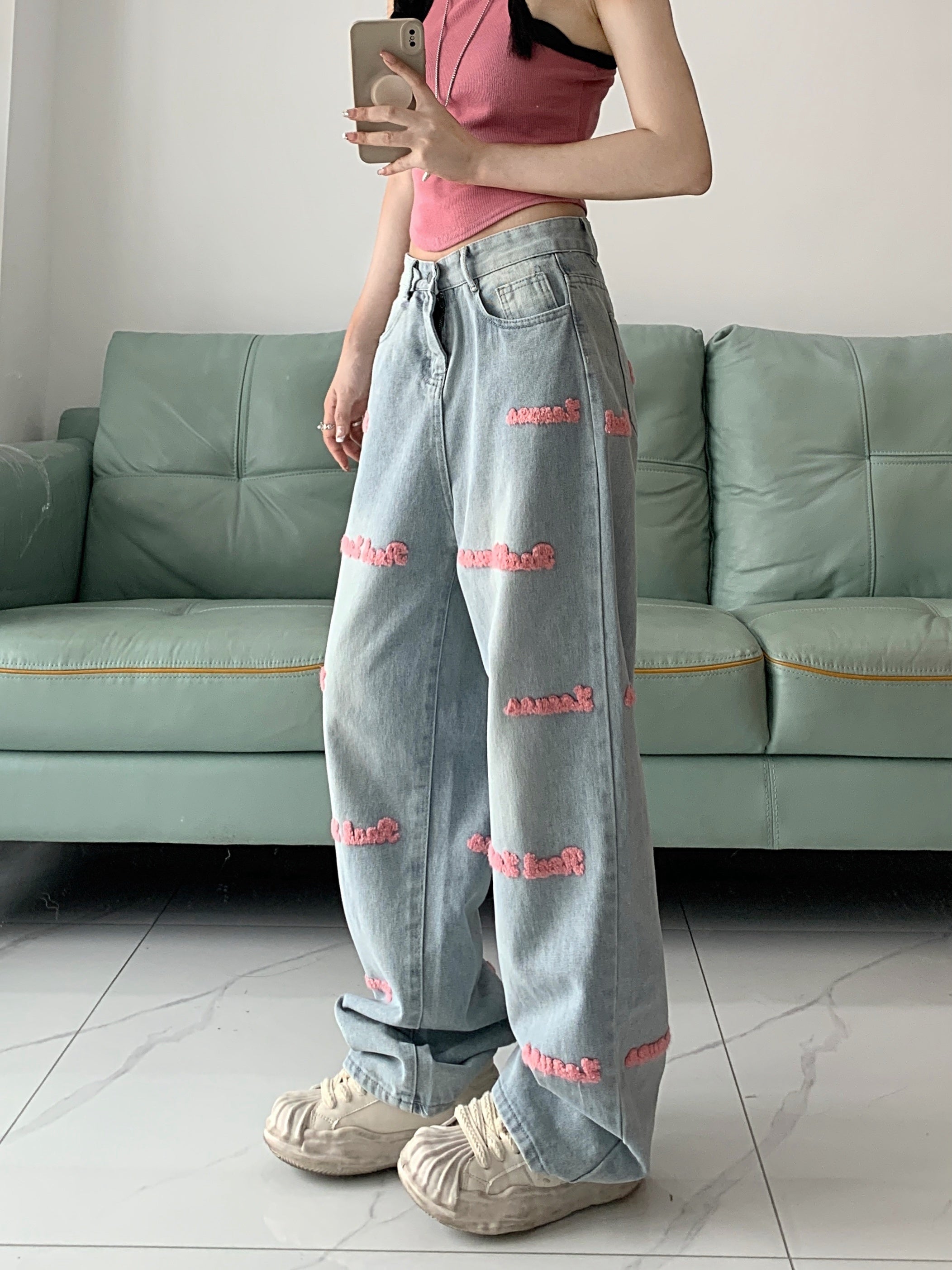 High-Waisted Embroidered Denim Jeans with Straight Leg and Button Fly Closure