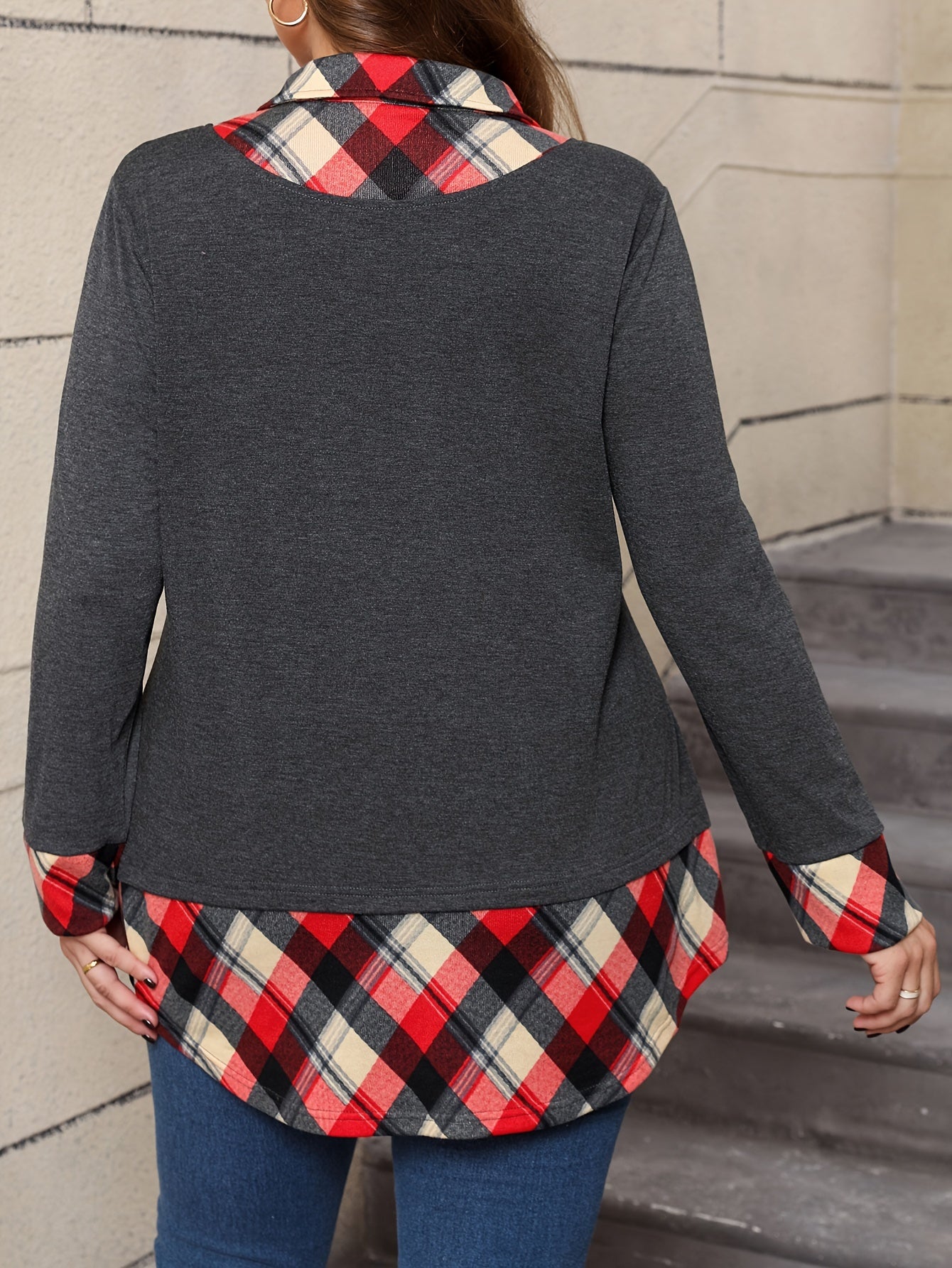 Plus Size Women's Plaid Patchwork Long Sleeve Top Faux Two-Piece Red Black Beige