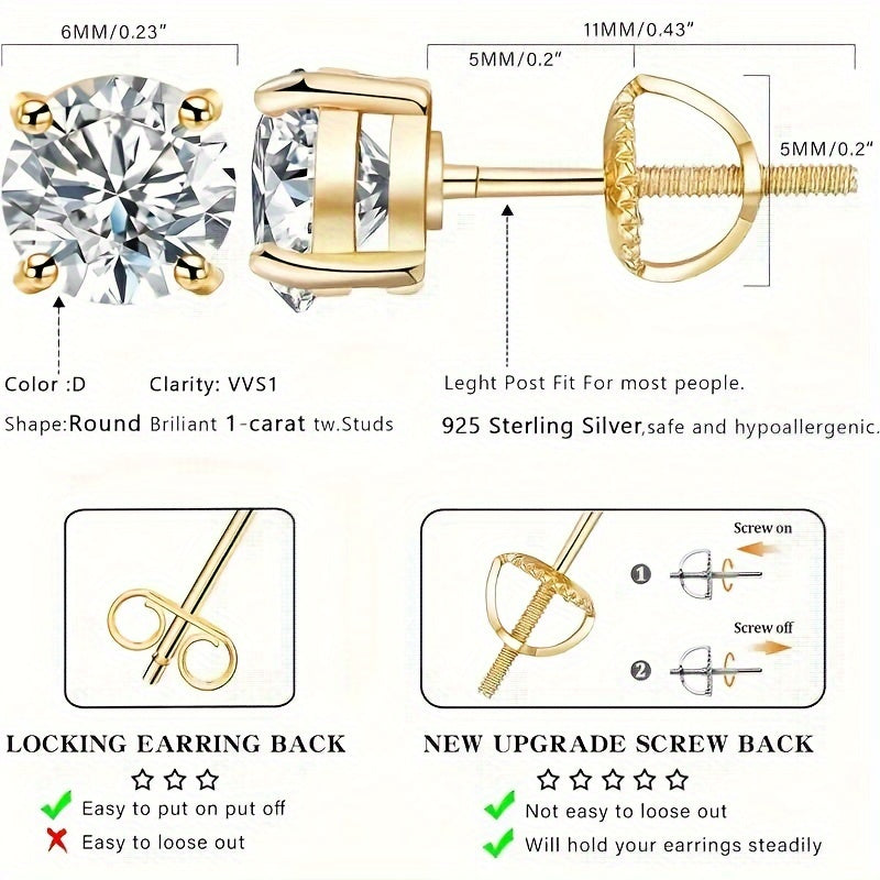 Gold Plated Moissanite Stud Earrings for Women Sterling Silver Copper Posts