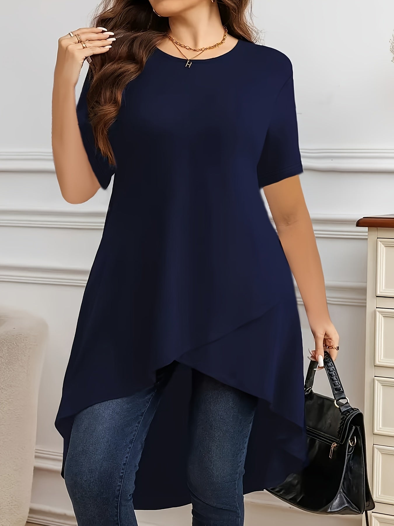 Women's Plus Size Stretch Cross Front Top Short Sleeve Casual Formal Style
