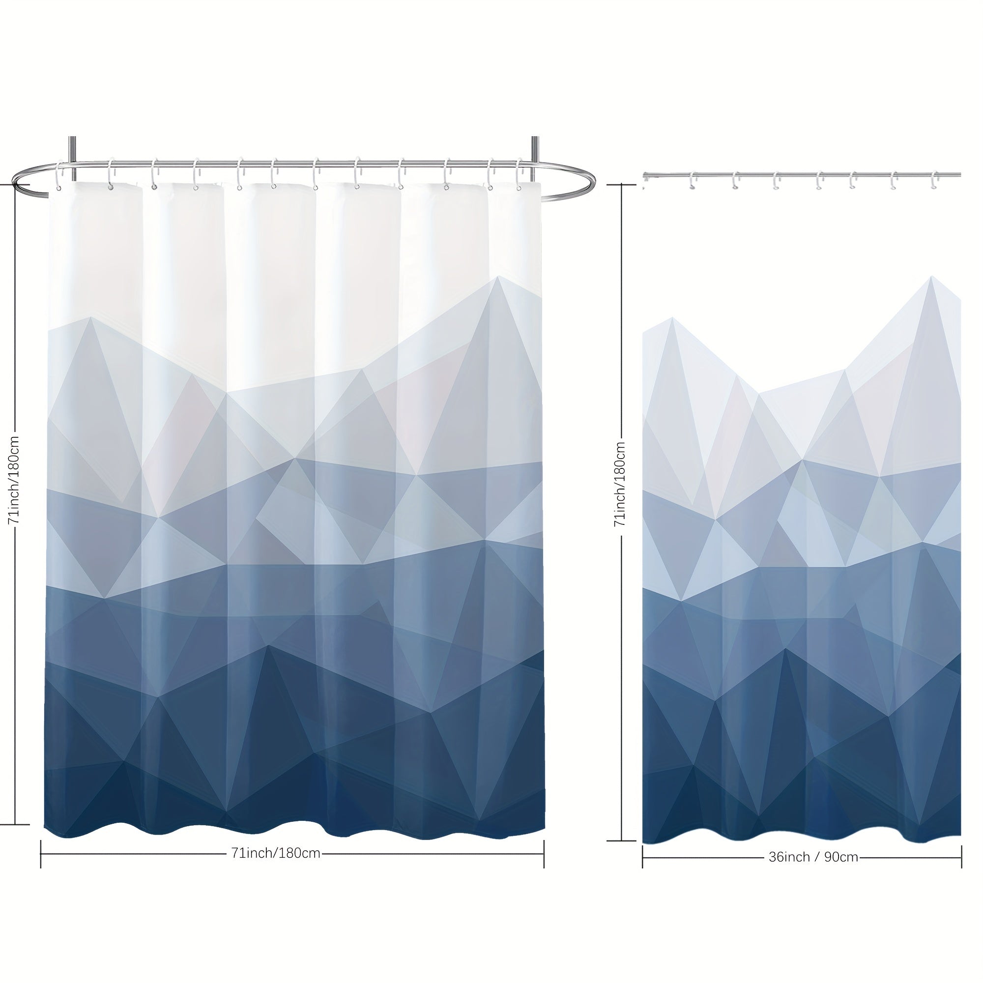 Blue Gradient Geometric Pattern Shower Curtain Waterproof Polyester with 12 Hooks for Bathroom or Hotel