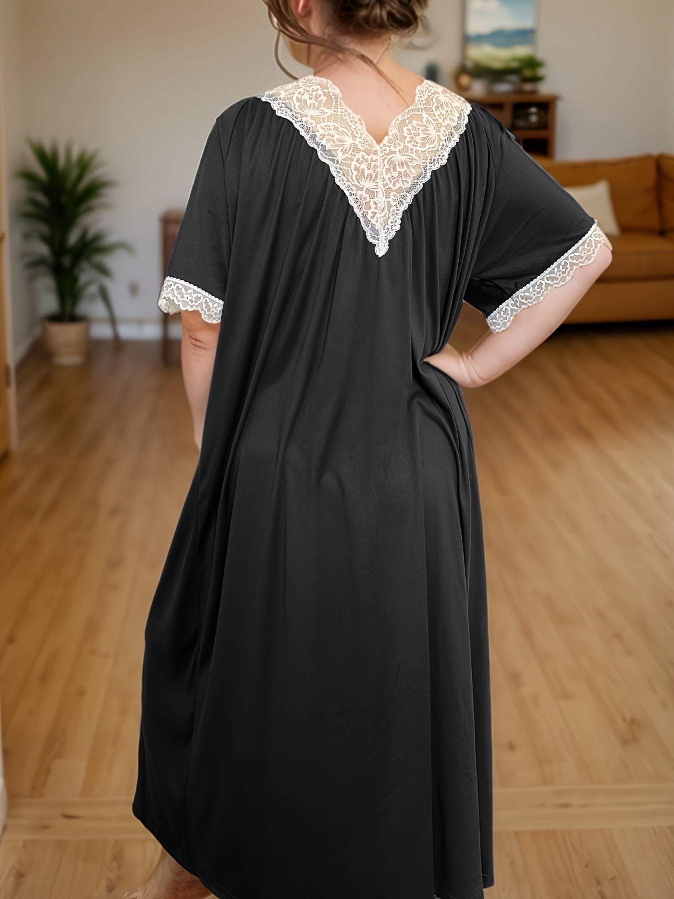 Women's Plus Size Black Midi Nightdress with White Lace V-Neck Sleepwear