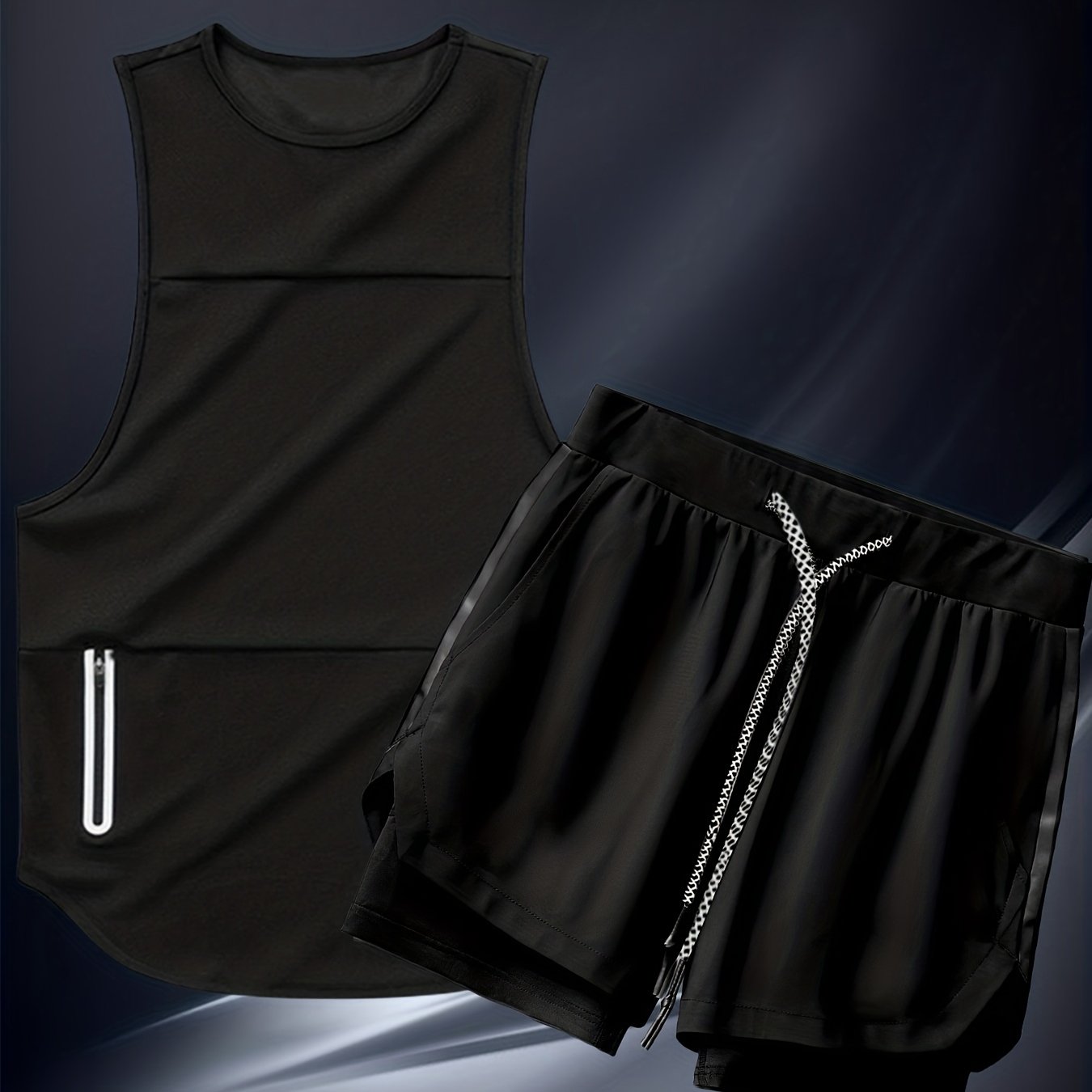 Men's Polyester Casual Sports Suit with Sleeveless Zipper Vest and Training Shorts