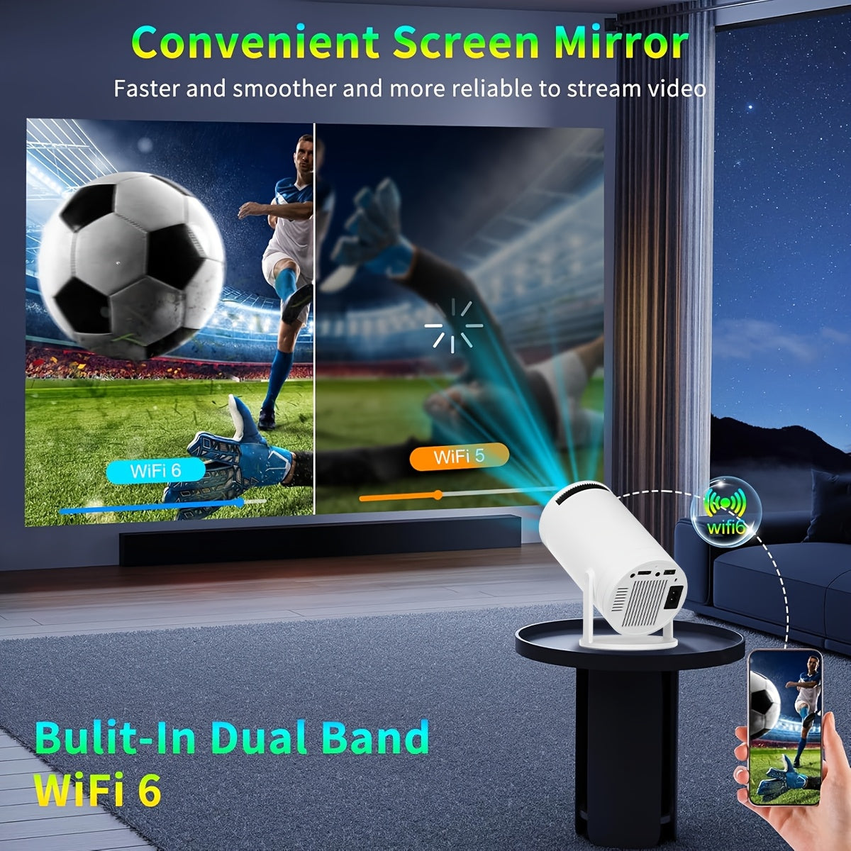 Mini proyector con rotación de 270° Wifi 6 Android 12 cine en casa