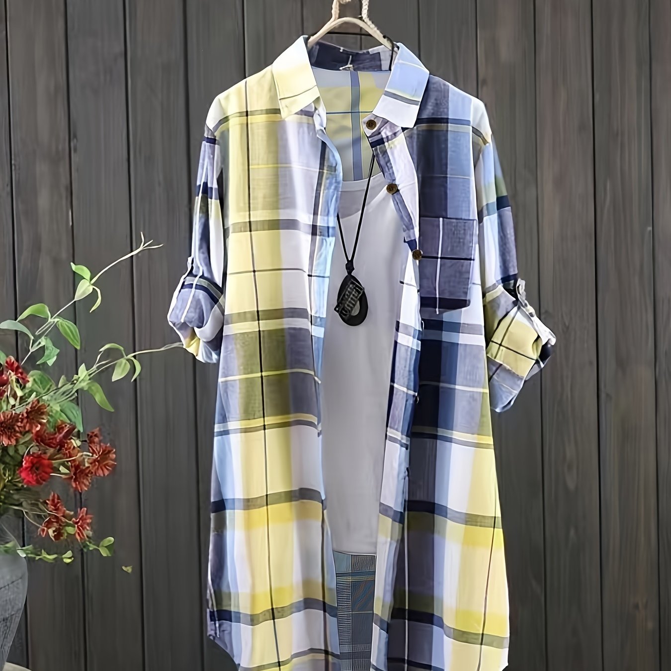 Plus Size Women's Casual Plaid Shirt Long Sleeve Button-Up Blue White Checkered