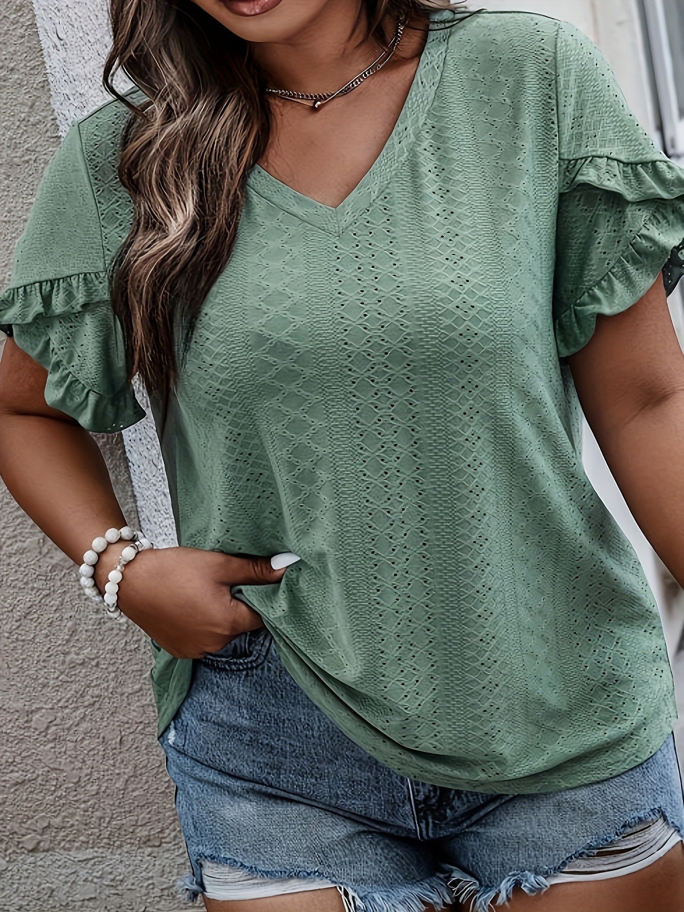 Plus Size V-Neck Blouse with Ruffled Sleeves Textured Jacquard Casual Top