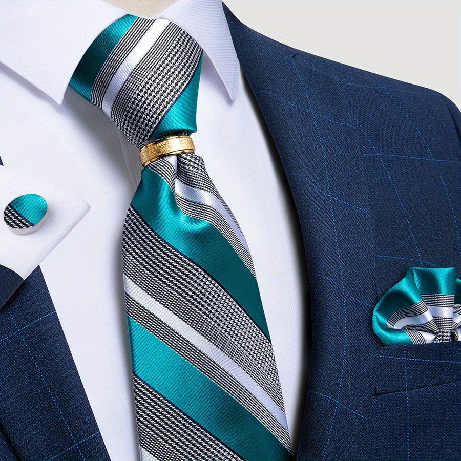 Men's Classic Striped Tie Set with Handkerchief Cufflinks and Ring for Business Formal Weddings