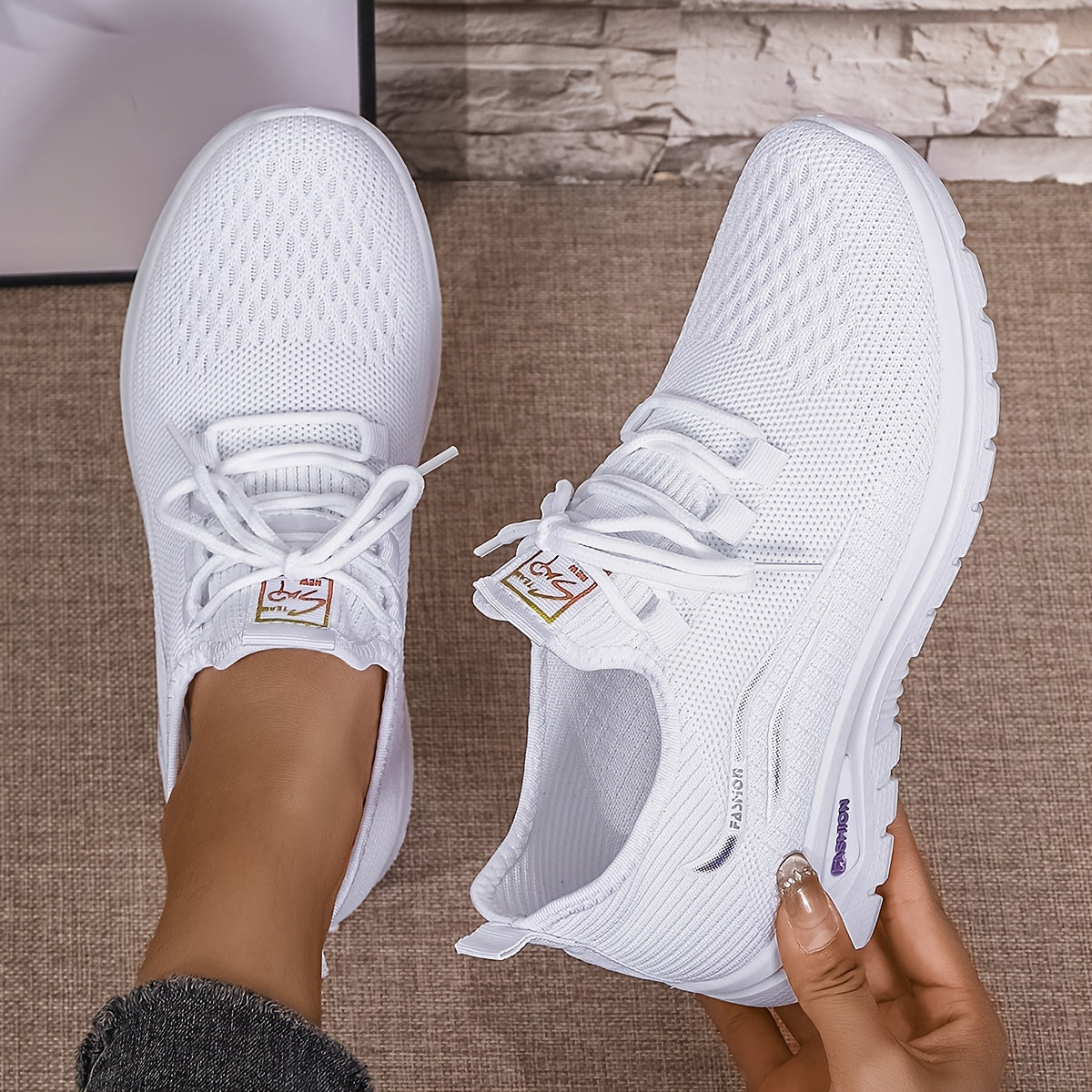 Women's Casual Knit Running Shoes with Lace-Up Patterned Design