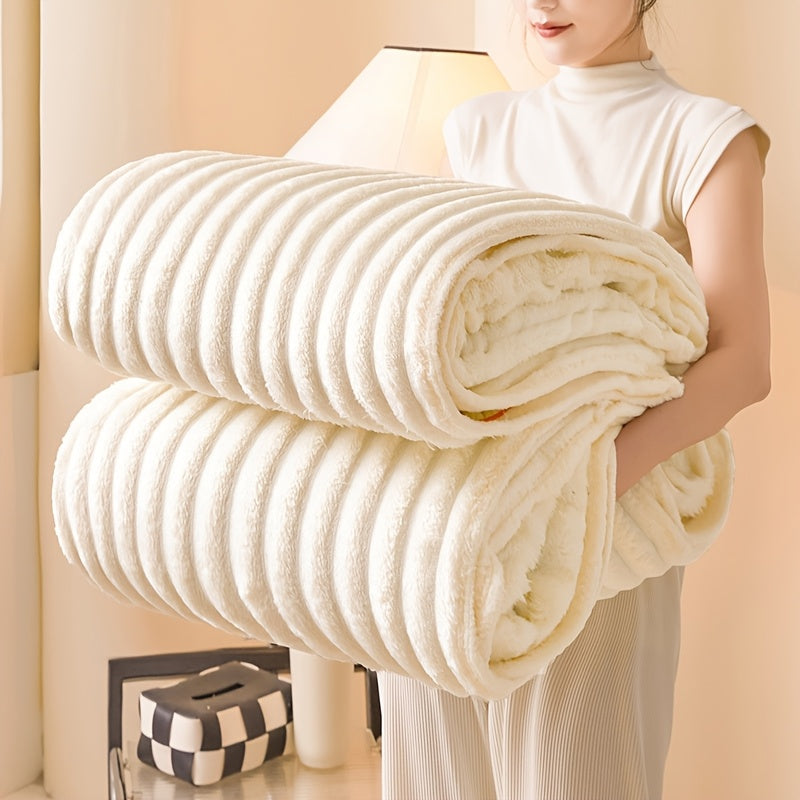 Faux Rabbit Fur Blanket Throw with Striped Flannel for Sofa Bed All-Season Comfort