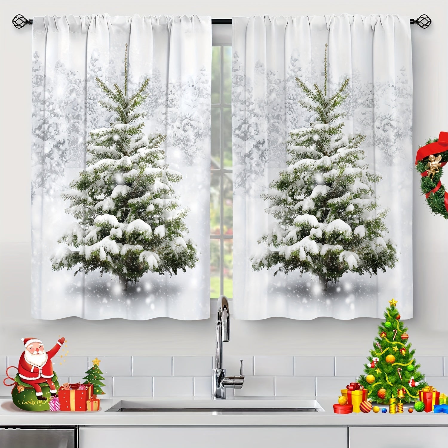 Juego de 2 cortinas verdes navideñas para café con diseño de árbol de pino y nieve, lavables en poliéster para sala de estar, cocina, oficina