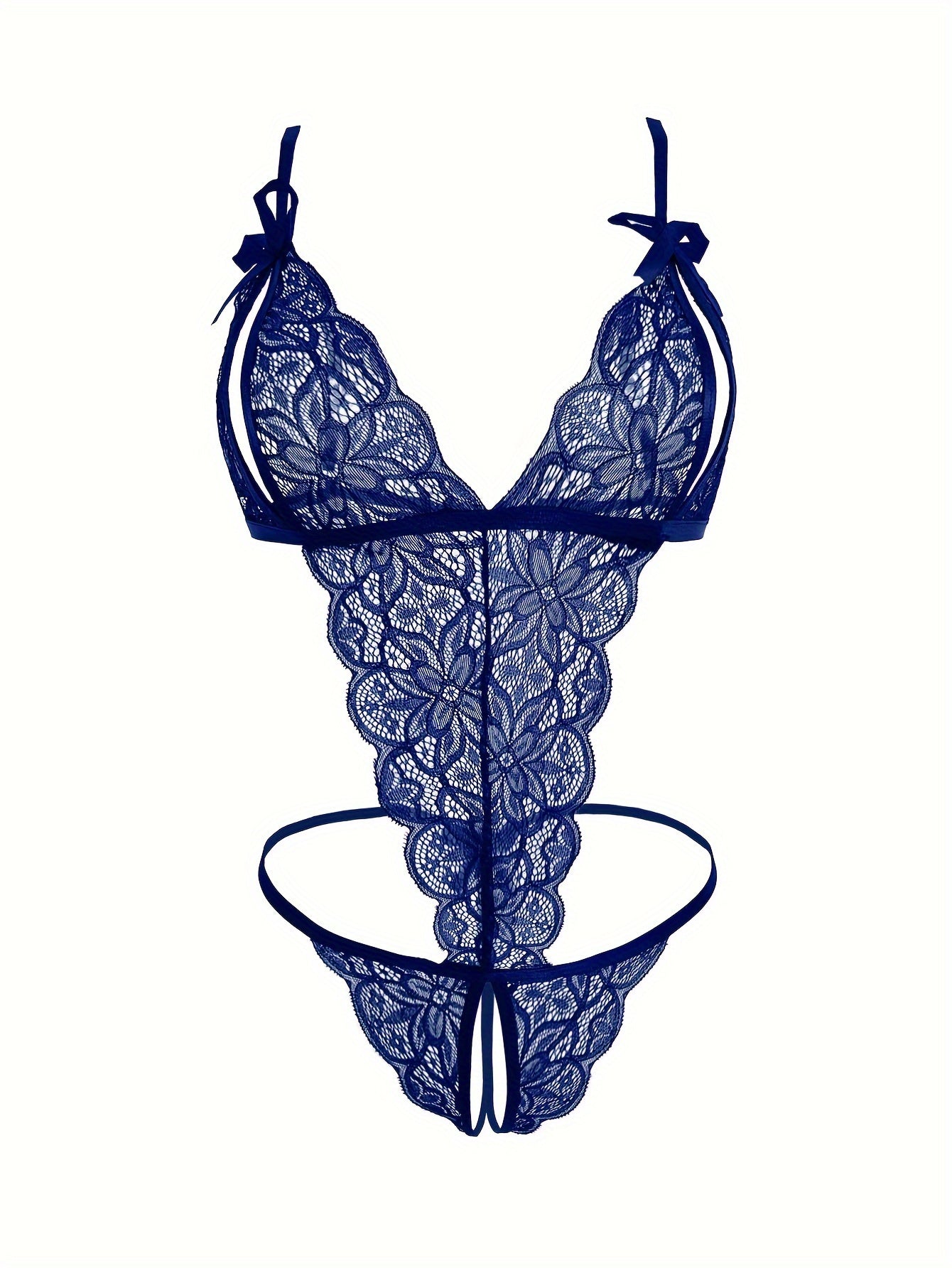 Lingerie Lace Backless Bodysuit with Open Crotch Thong and Bow