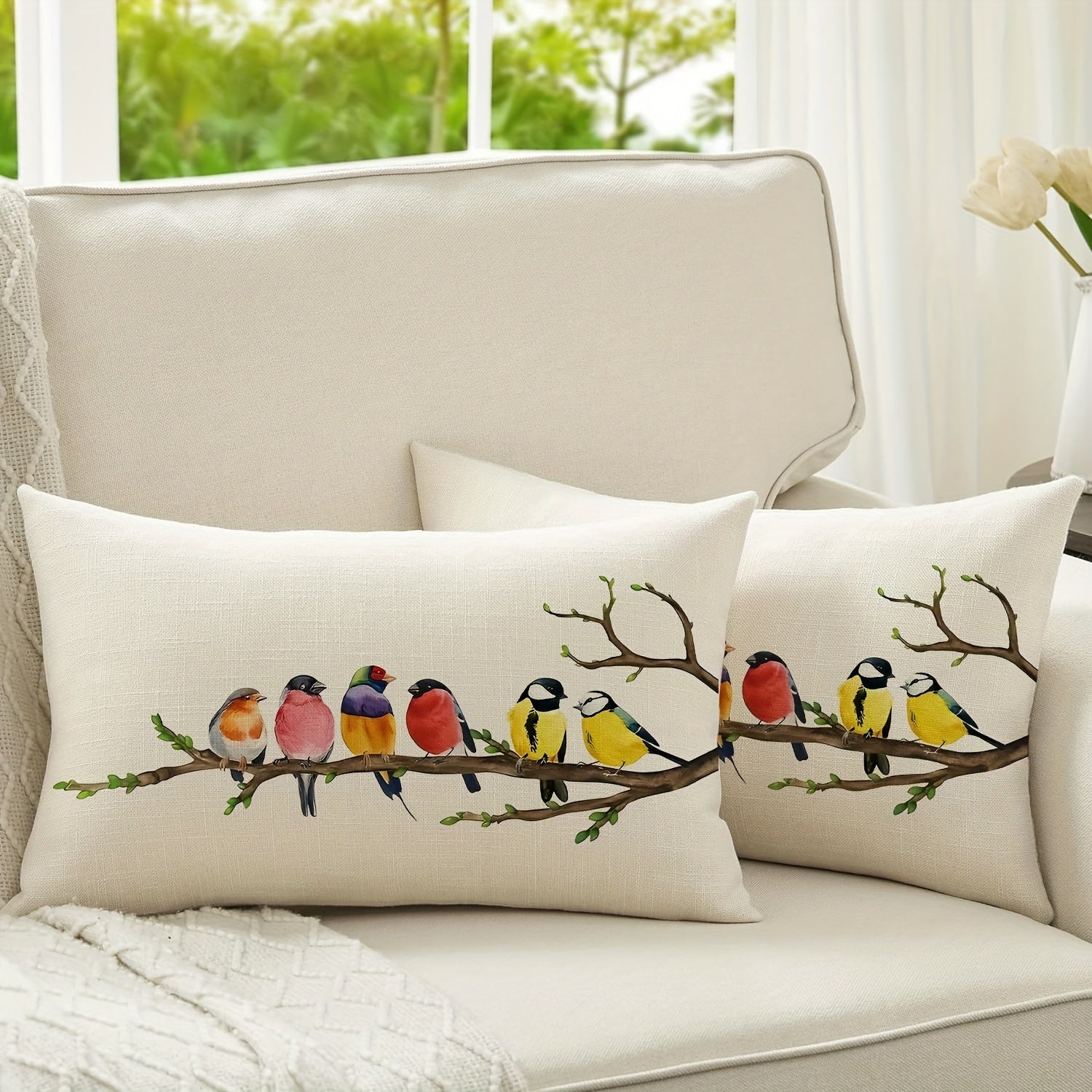 Bird and Floral Throw Pillow Cover 12x20 Inches Zippered Polyester Farmhouse Decor