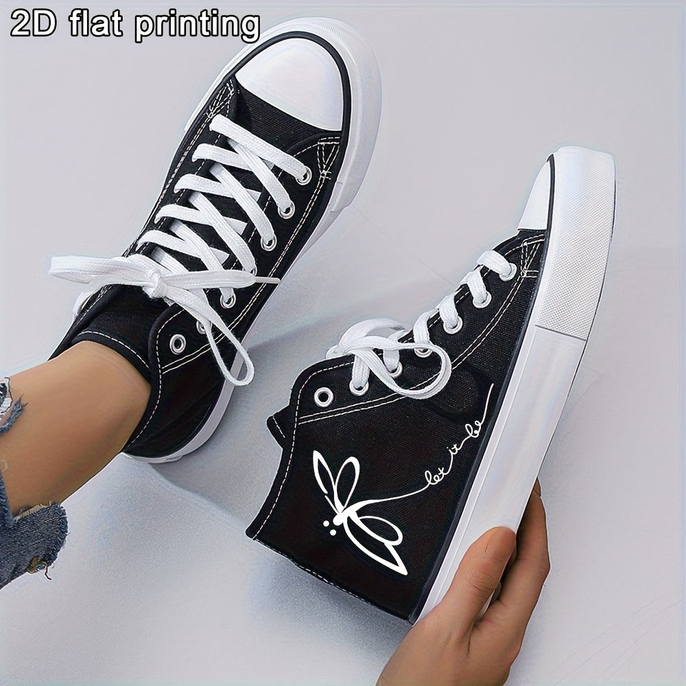 Women's Black and White Casual Skate Shoes with Laces and 2D Print