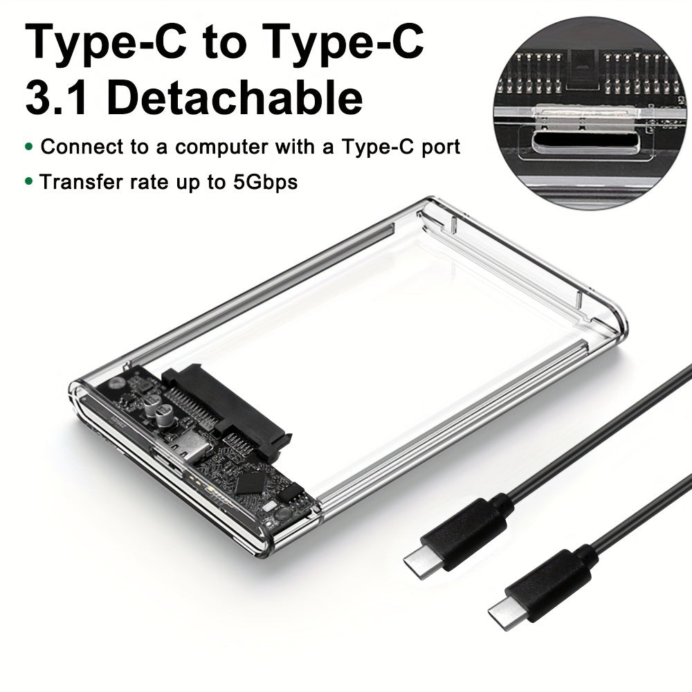 2.5-Inch SATA SSD Hard Drive Enclosure USB 3.1 Type-C Transparent Case