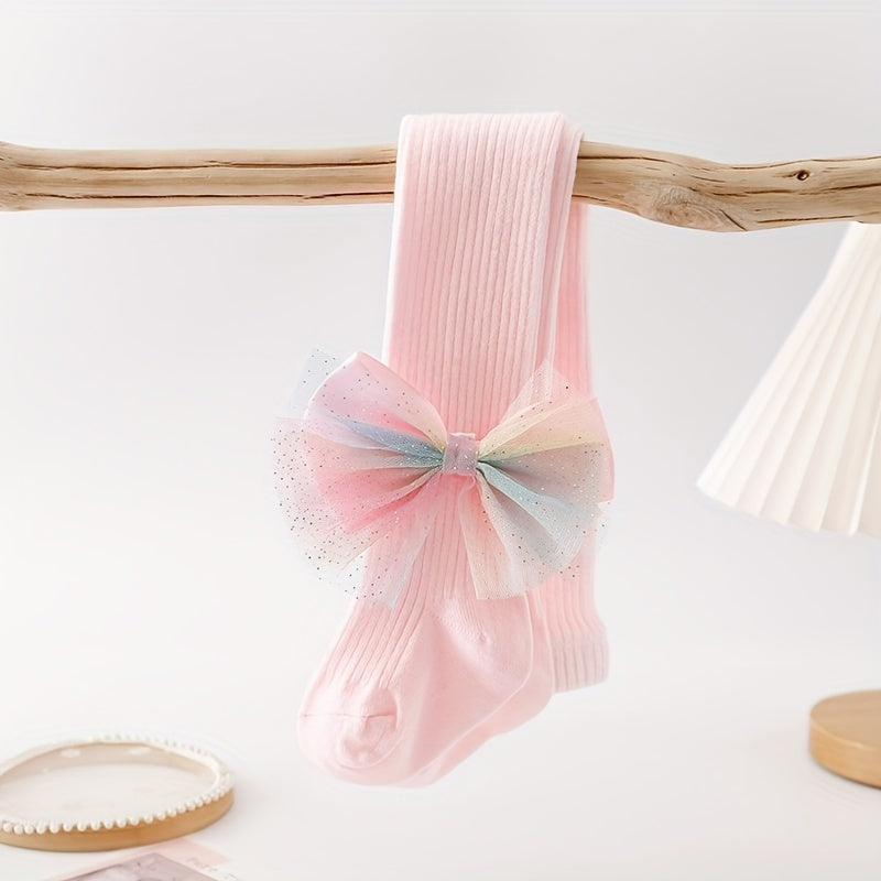 Girls Floret Patterned Pantyhose with Bow Tie Solid Knit Base Layer for Toddlers in Spring and Autumn