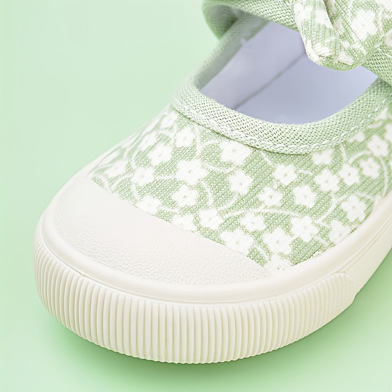 Girls Floral Print Canvas Sneakers with Bow Detail Non-Slip TPR Sole for Casual Outdoor Wear