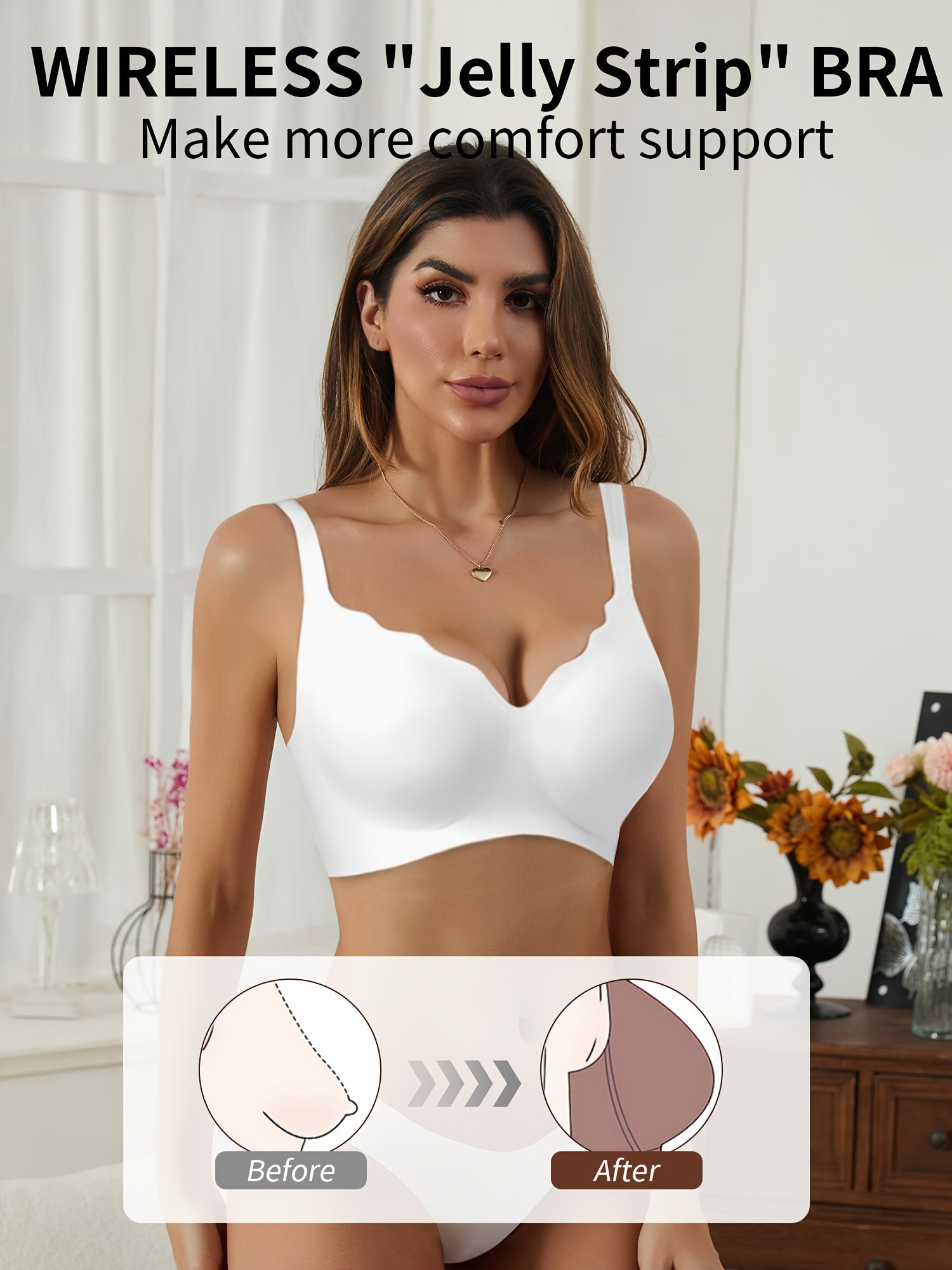 Wireless Seamless Push-Up Bra with Deep V-Neck and Scalloped Design for Comfort