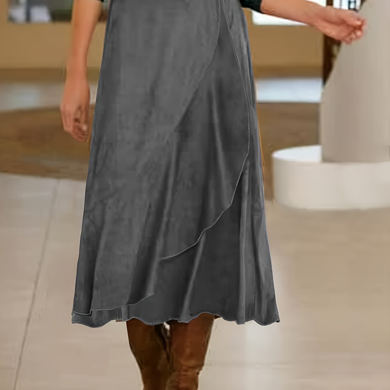 Women's Brown Corduroy Tiered Asymmetrical Hem Skirt Fall Winter Casual Formal