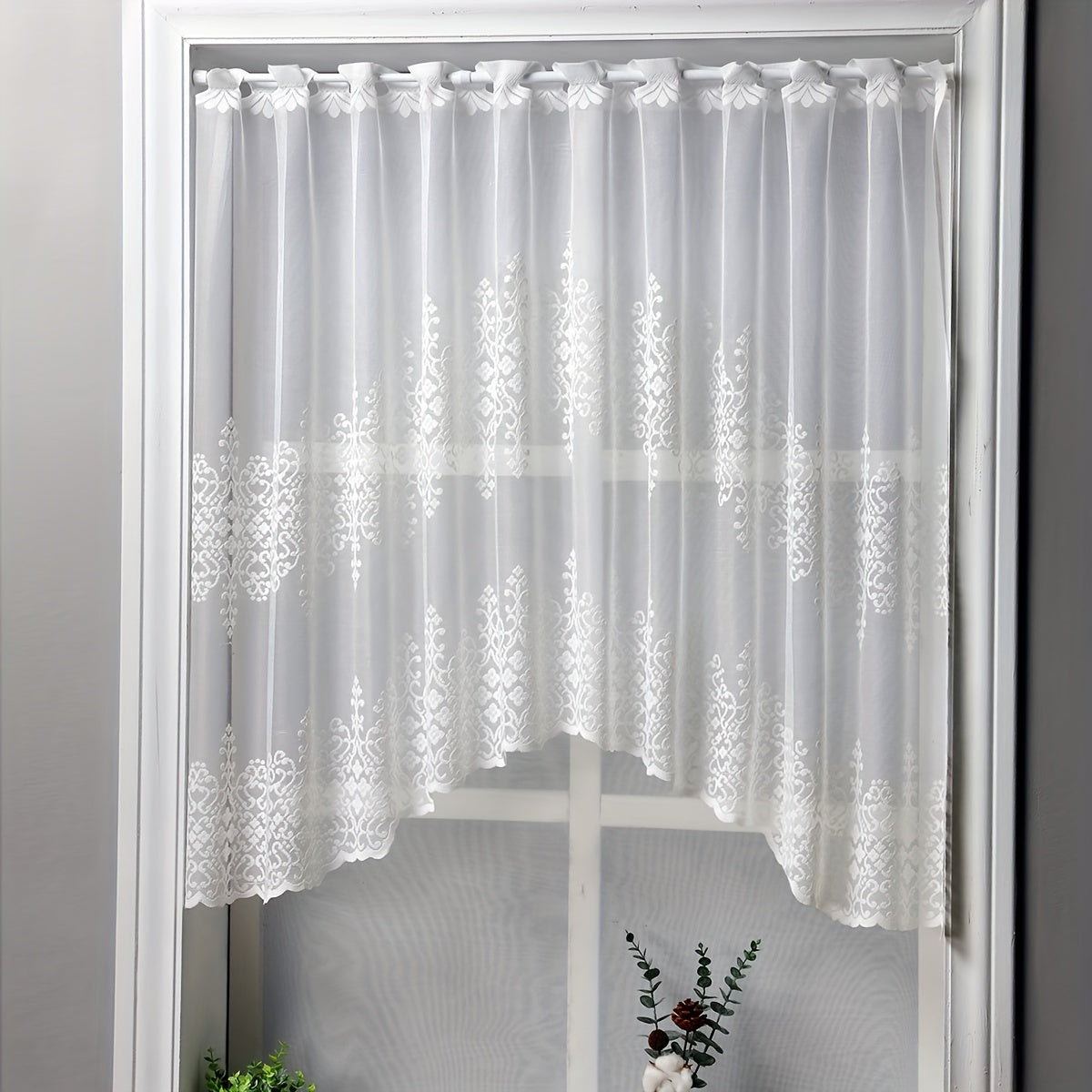 White Lace Cafe Style Curtains with Geometric Wavy Pattern for Living Room Bedroom Kitchen Set of 1