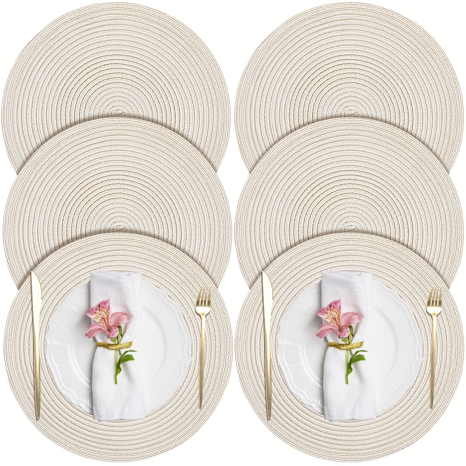 Set of 6 Round Braided Placemats Solid Colors Washable Heat-Insulating Table Mats for Indoor Outdoor Use