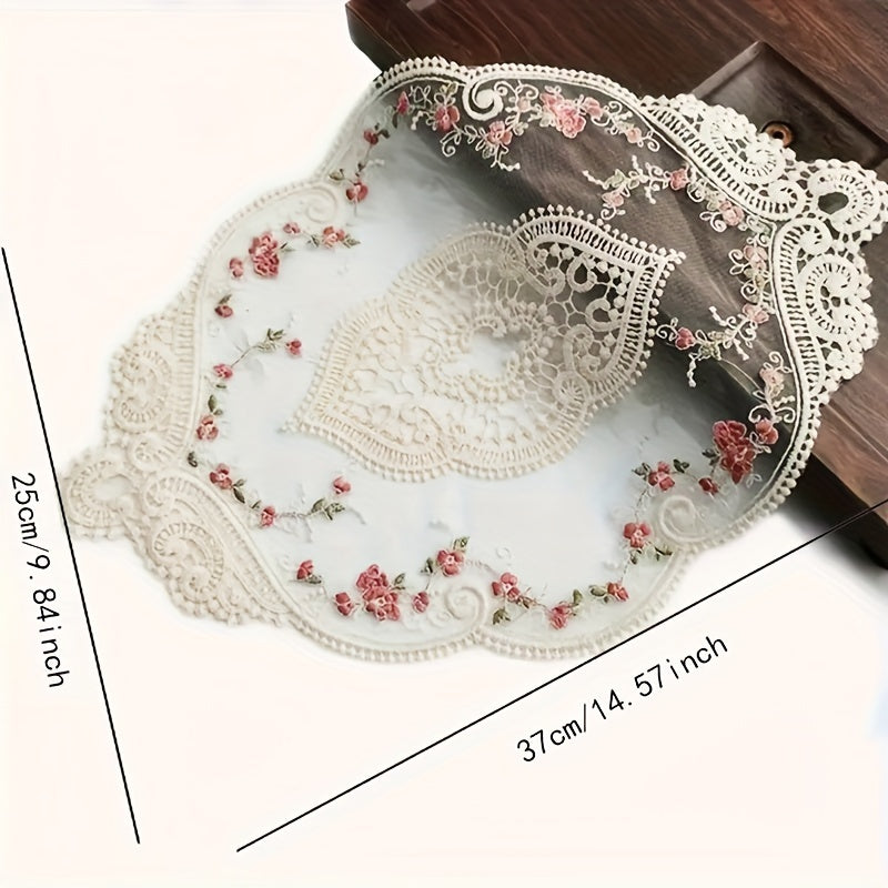 Polyesterdan yasalgan vintage fransuz dantelli tikilgan stol qoplamasi, stolni bezatish yoki fotosuratlar uchun prop sifatida ideal.