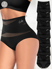 Pack de 7 braguitas de control de abdomen de cintura alta para mujer, sin costuras, en negro con malla